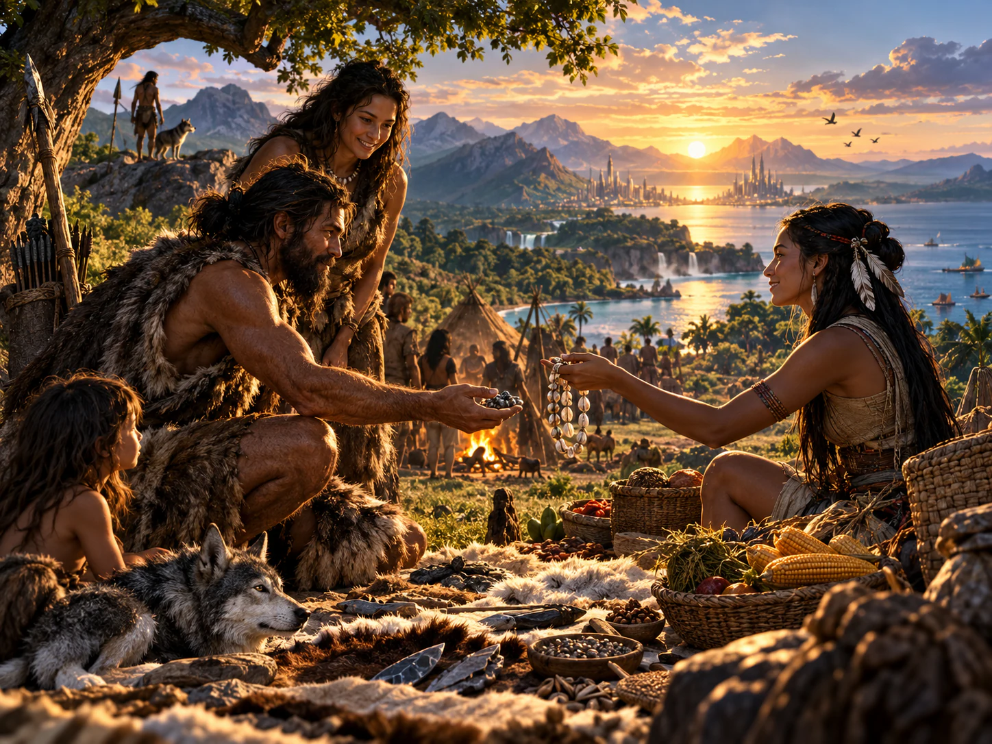 People in an early community exchanging goods beside a growing settlement.
