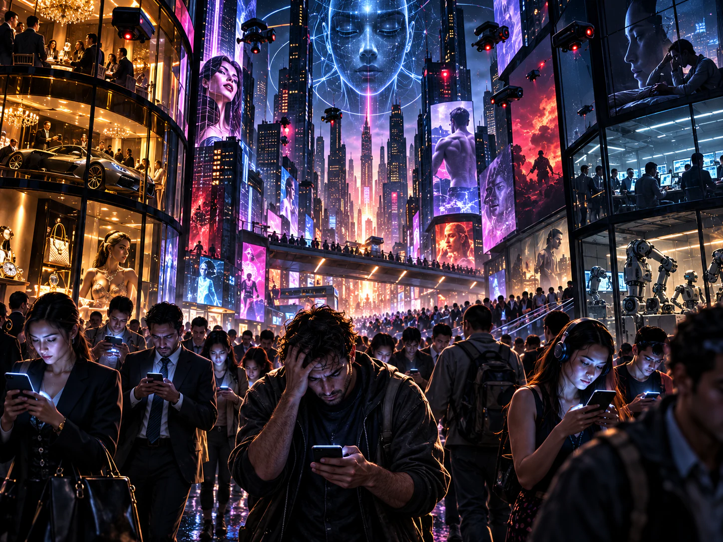 People navigating a dense modern city shaped by consumption, status, work, surveillance, and digital pressure.