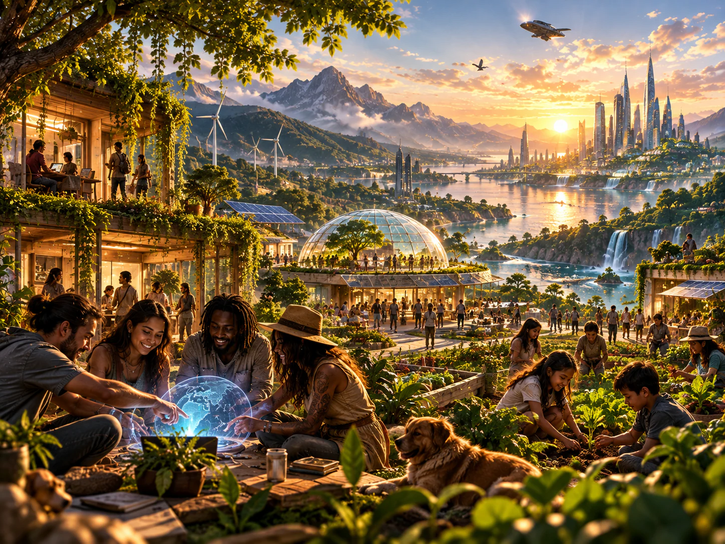 People collaborating in a regenerative future where technology, community, and nature coexist.